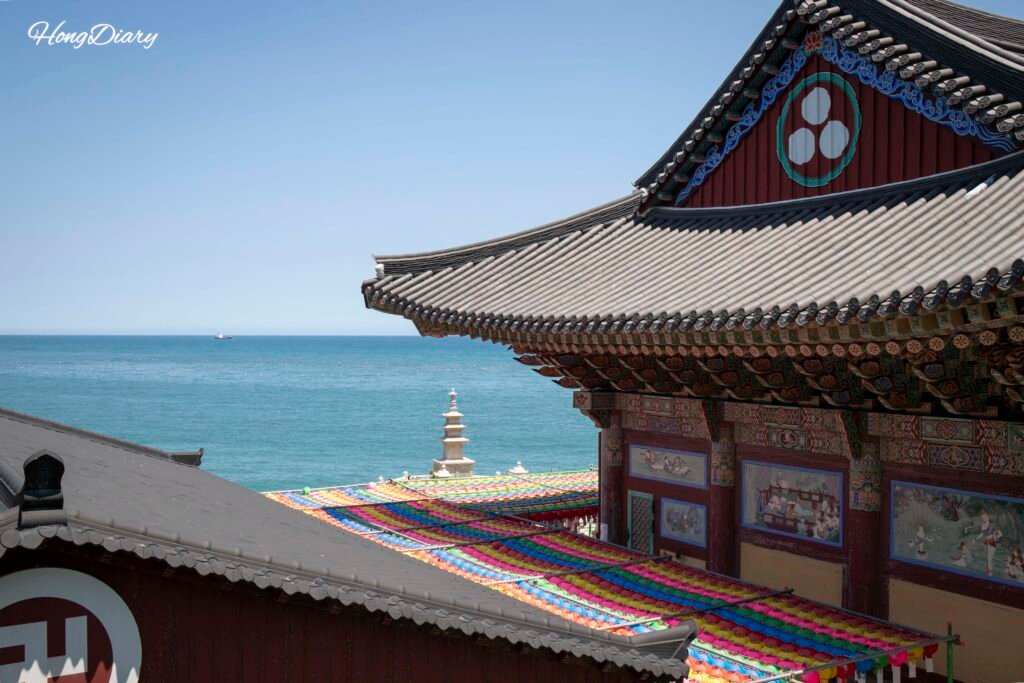 Haedong Yonggungsa temple buildings and coastline, Gijang, Busan