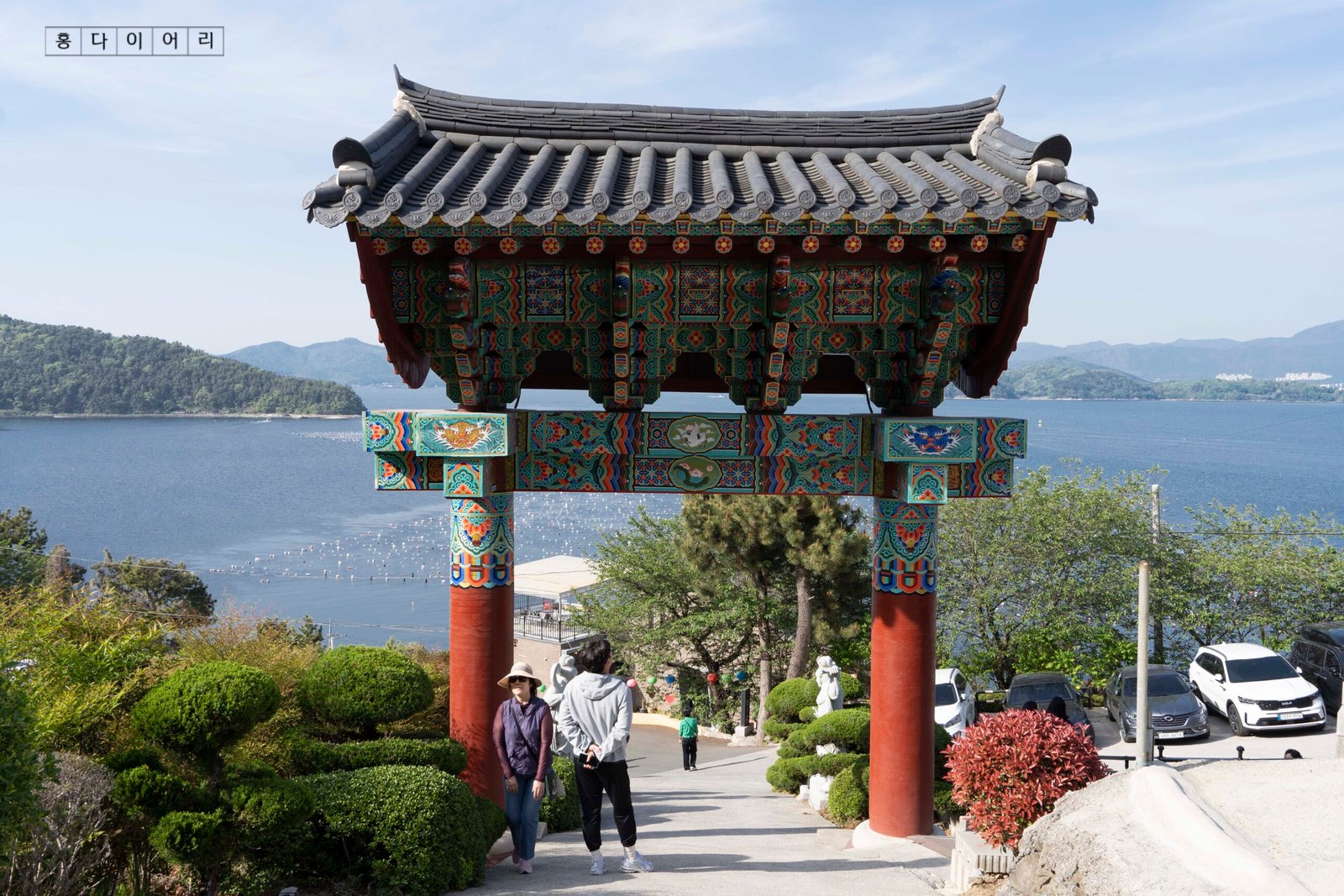 Jangsu Temple 108 steps with ocean view of Masan Bay in background