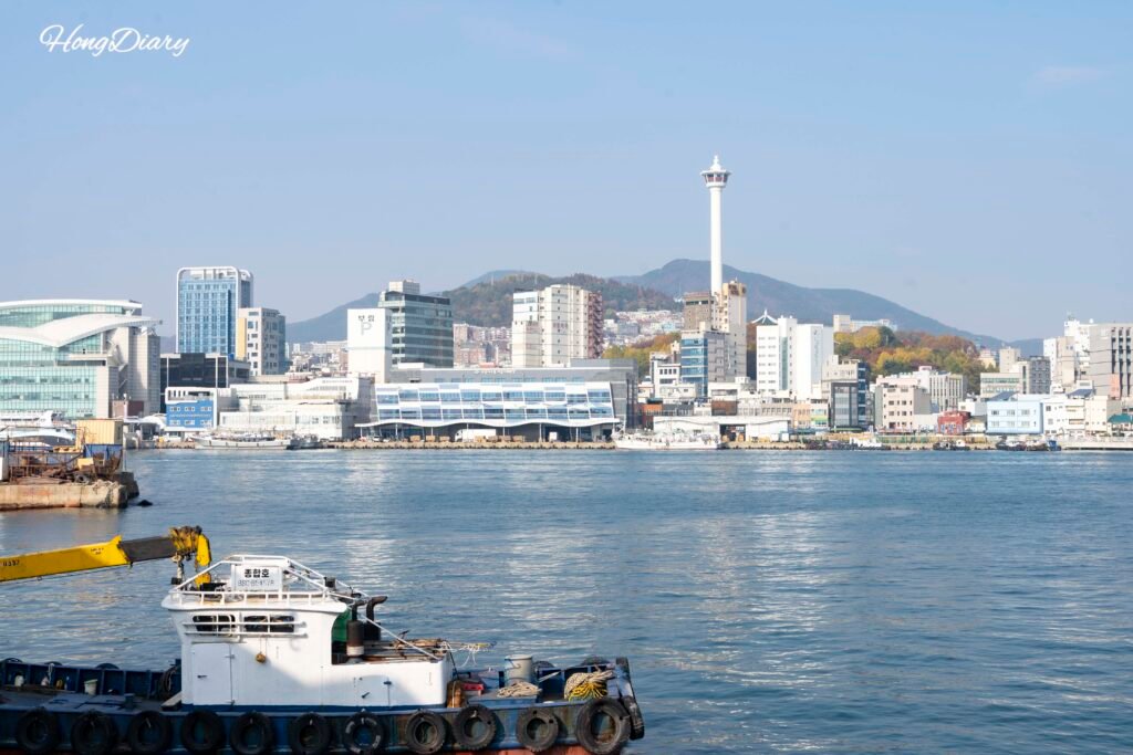 Vista al mar desde Yeongdo con la Torre de Busan y Nampodong al fondo