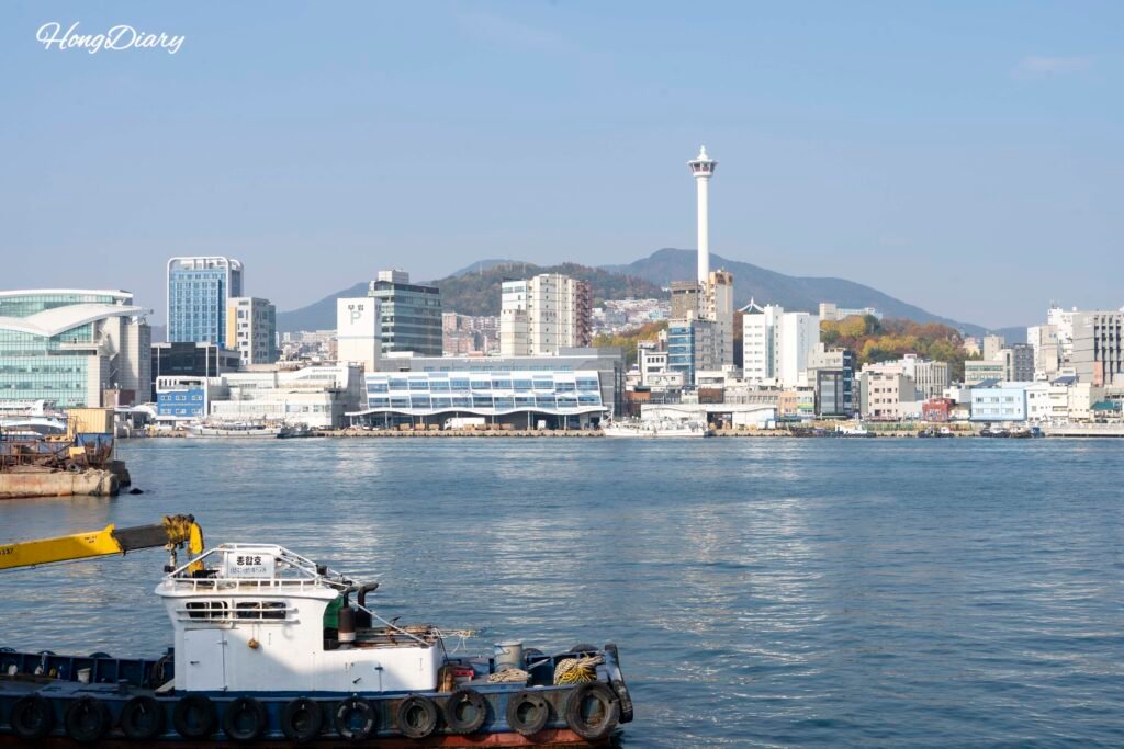 影島から望む釜山タワーと南浦洞、釜山港の景色