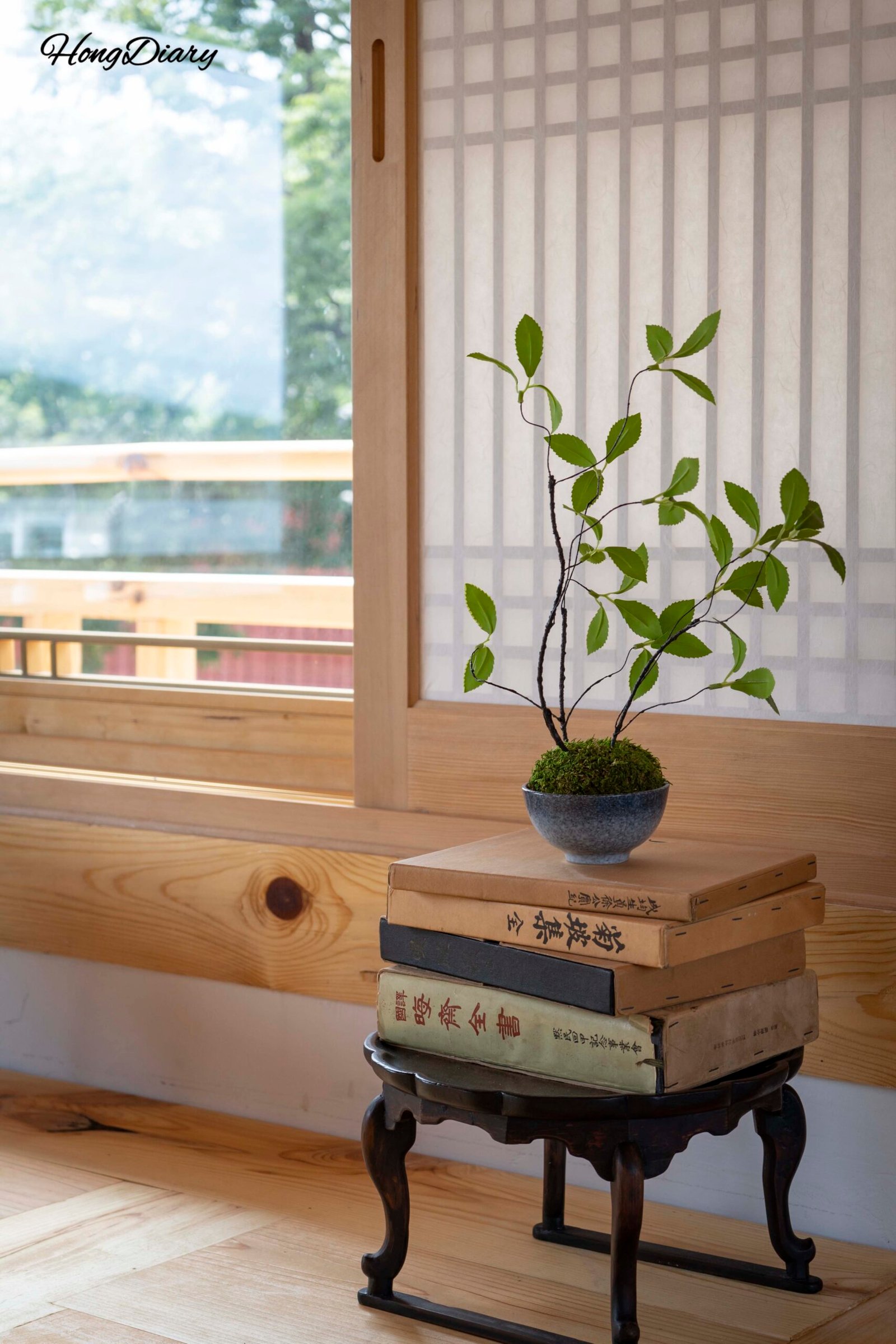 Vitrina decorativa interior de Bichae Bogette, café hanok en Hwangnidan-gil, Gyeongju