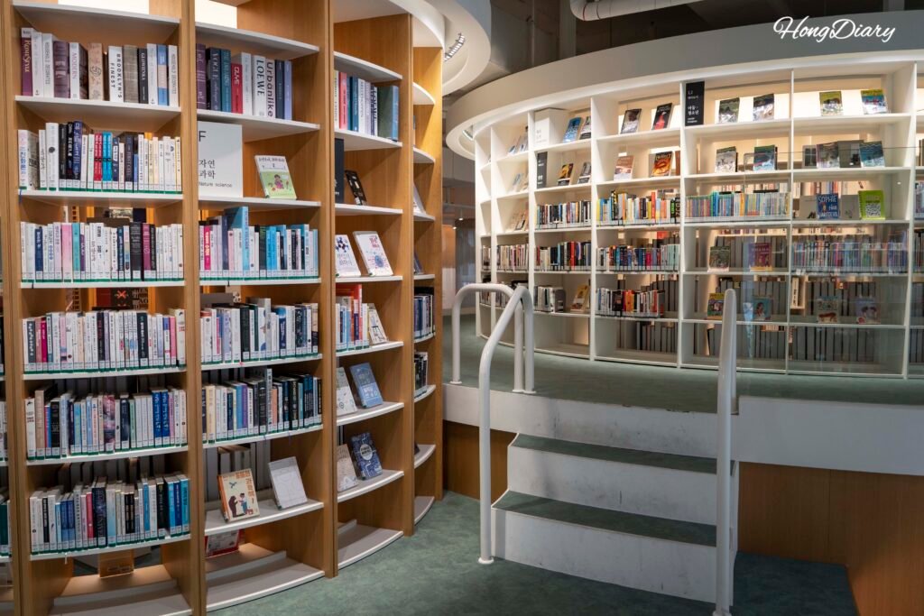 Circular bookshelf interior at Big Dipper Library, Busan