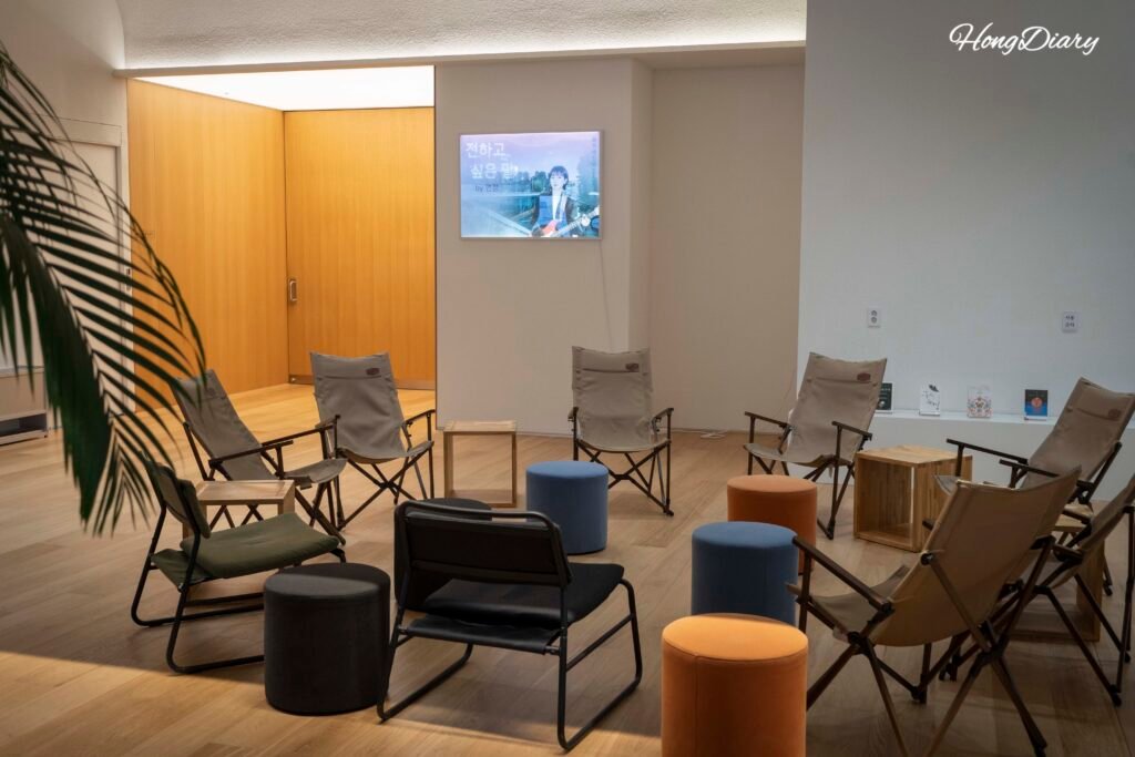 Camping chairs in the reading rest area at Big Dipper Library, Busan