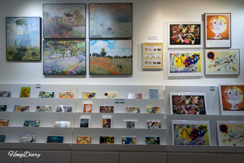 Gift shop inside Bunker des Lumieres Jeju with art-themed merchandise