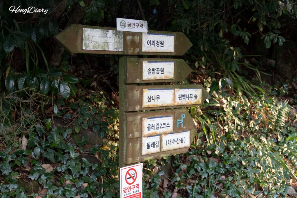 Señal indicadora en el camino de acceso al Bunker des Lumieres Jeju