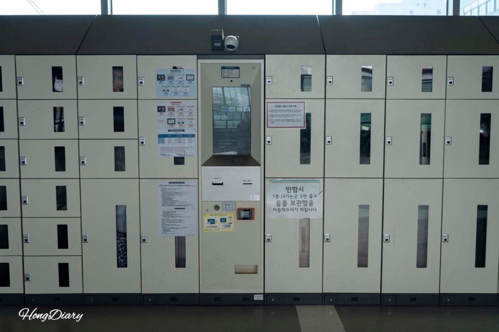 Second floor luggage storage lockers at Busan Station KTX showing available sizes