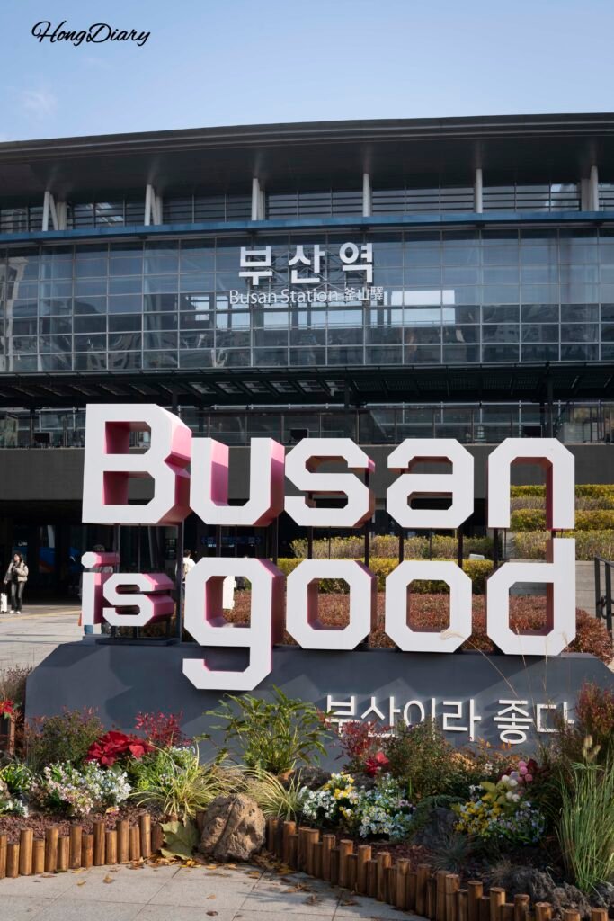 Busan city logo and Busan Station KTX train station exterior