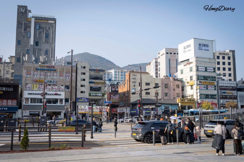Front view of Busan Station plaza and entrance area