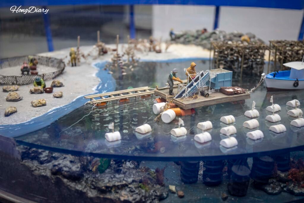 Detailed miniature display of fishing villages and boats at the Fisheries Science Museum Busan