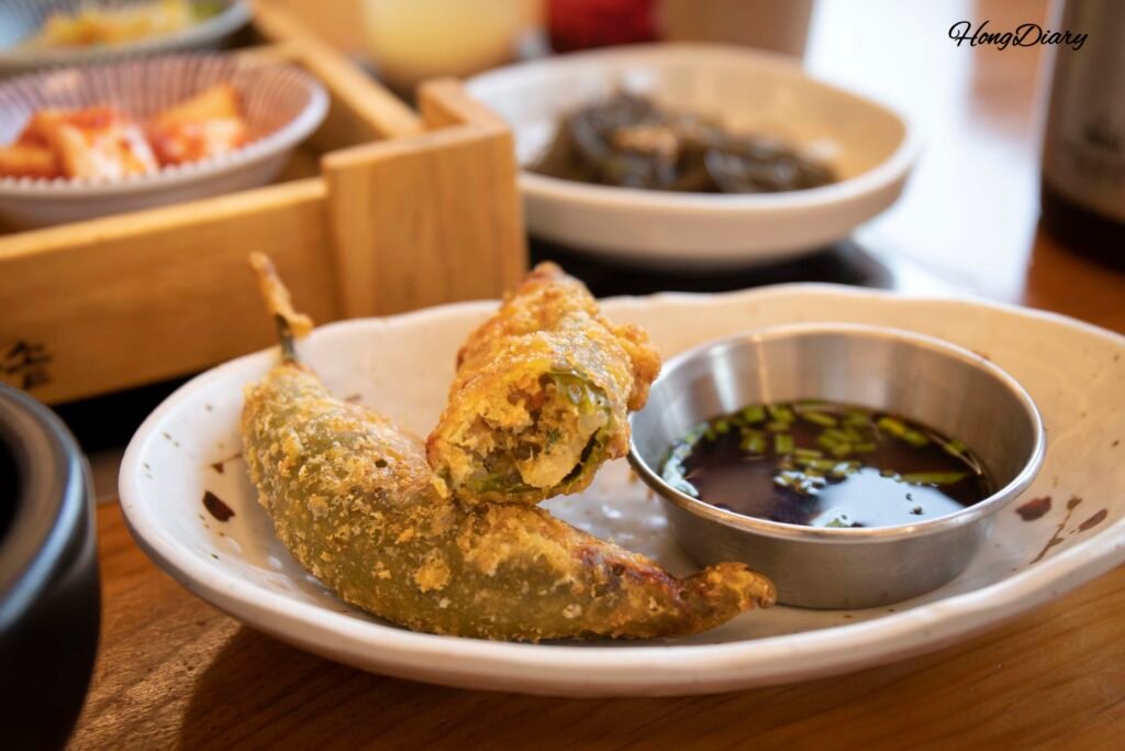 Stuffed chili fritters side dish at Handassot Gyeongju