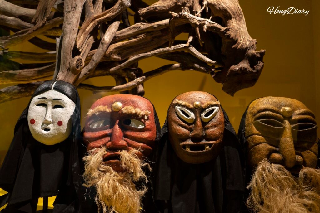 Traditional Jeju ceremonial mask in Folklore Exhibition Hall 2 at Jeju Folk and Natural History Museum