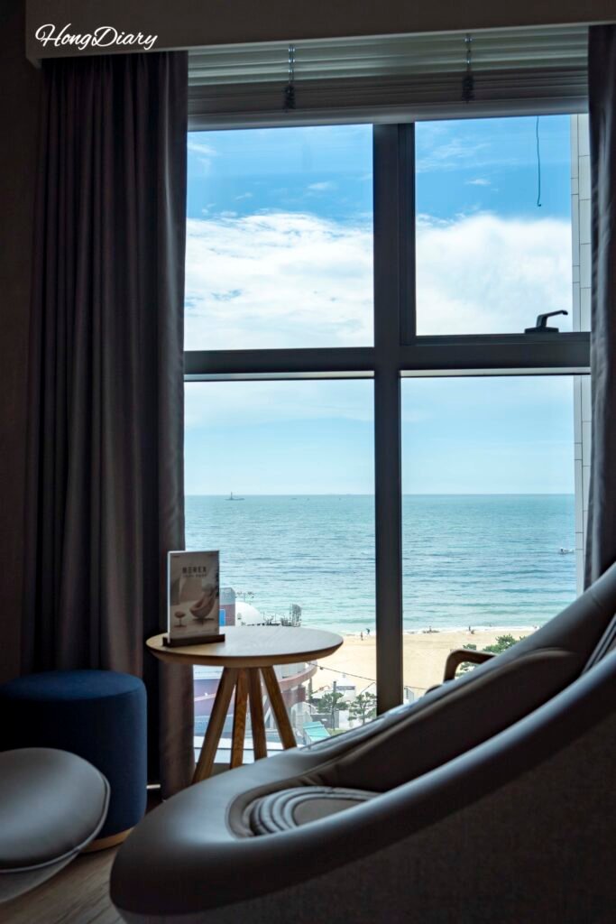 Massage chair with Haeundae Beach ocean view from L7 Haeundae room