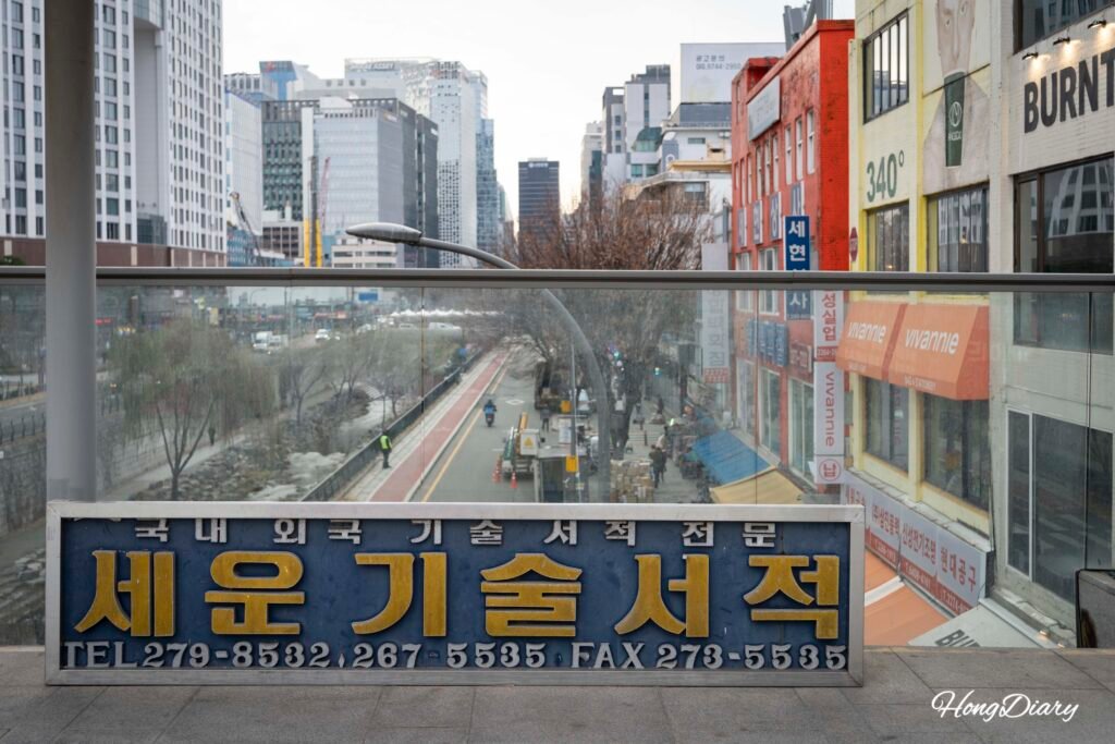 Puente peatonal frente a Sewoon Sangga, zona de fotos, Jongno, Seúl
