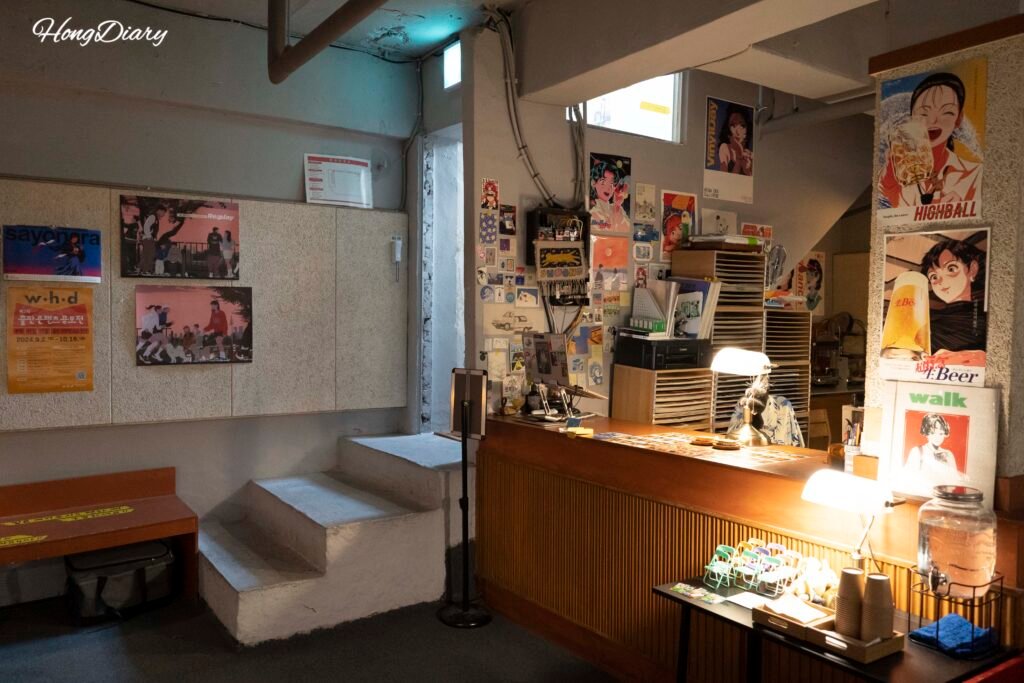 Interior of Simple Bookstore Daegu with retro decor and bookshelves