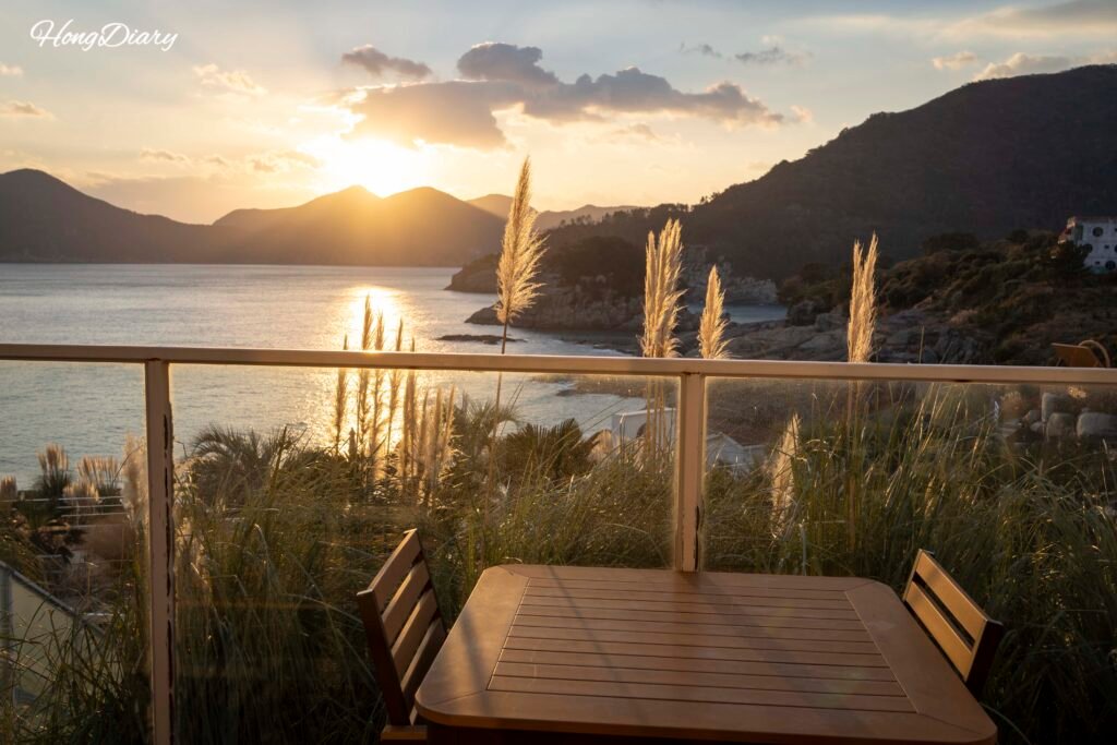 Sunset view from the terrace of Windyhill Resort, Geoje Island