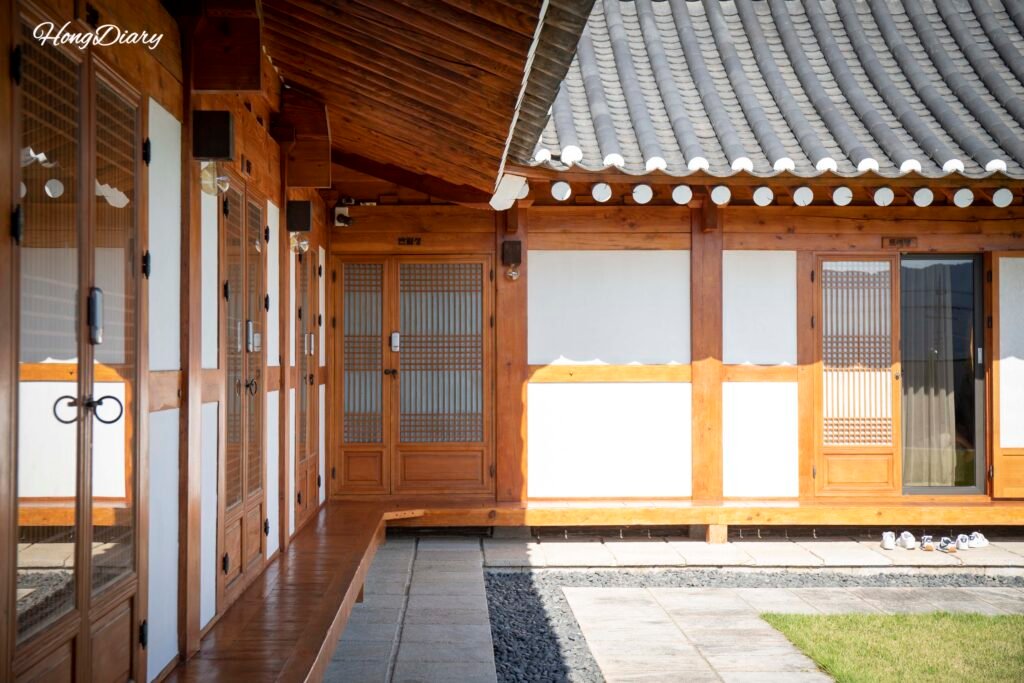 Exterior view of Wonhwaru hanok guesthouse Gyeongju with traditional tiled roof