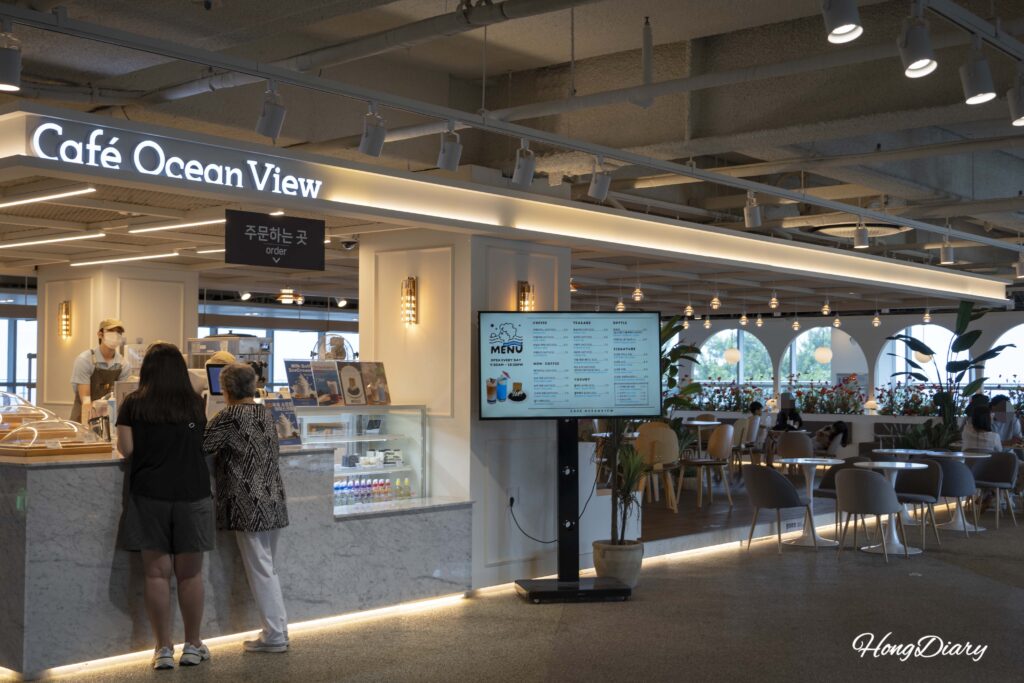 Cafe with ocean views on the second floor of Amnam Park station, Songdo Cable Car, Busan