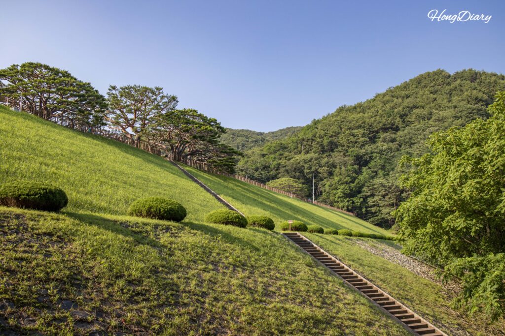 woods steps leading up to the earthen dam at Beopgi Reservoir, Yangsan