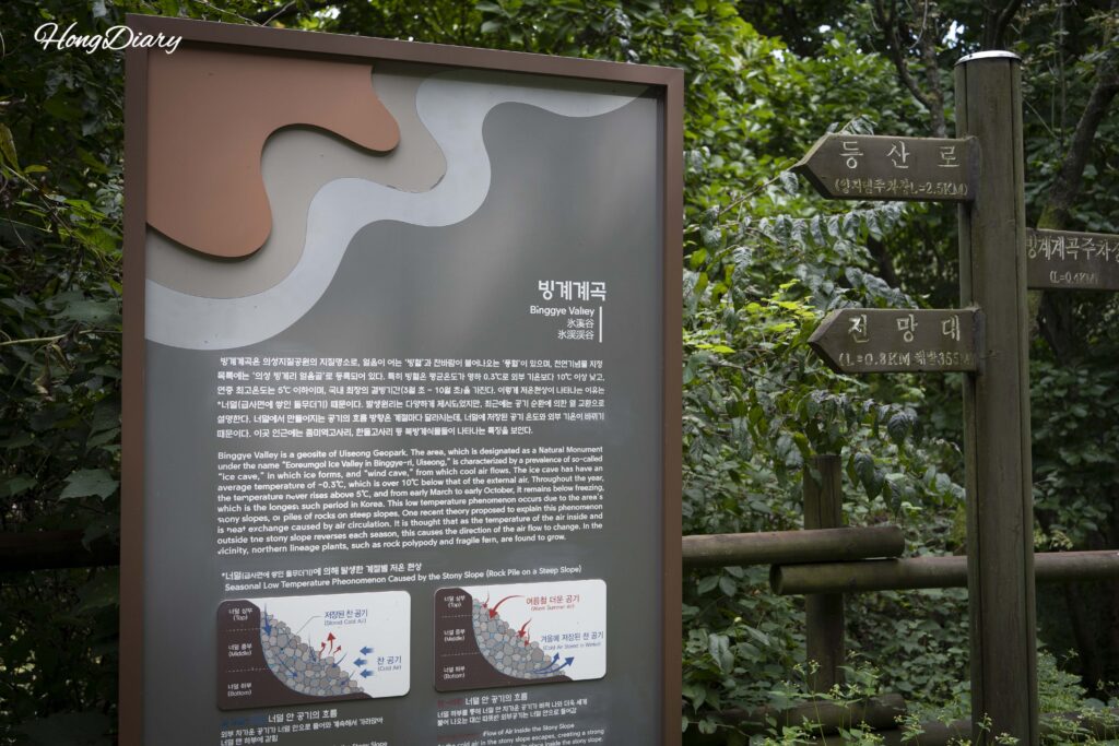 Bilingual Korean and English trail map at Binggye Valley National Geopark