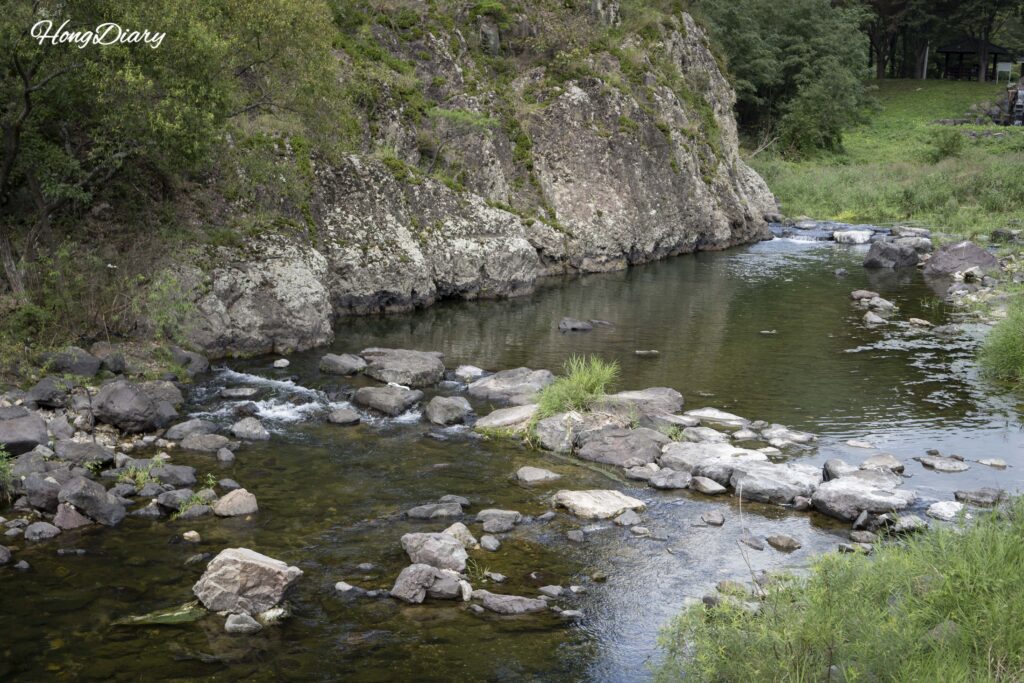 Binggye Valley entrance area in Uiseong, Gyeongsangbuk-do, with rocky stream and forested cliffs