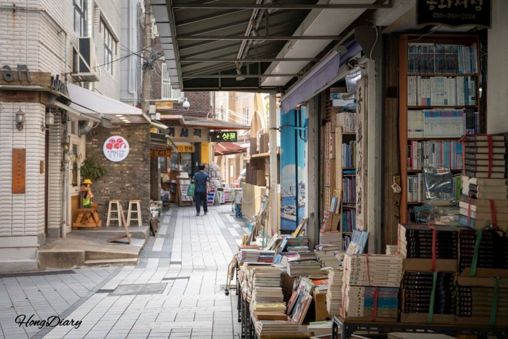 Narrow passageway inside Bosu-dong Book Street lined with used bookshops