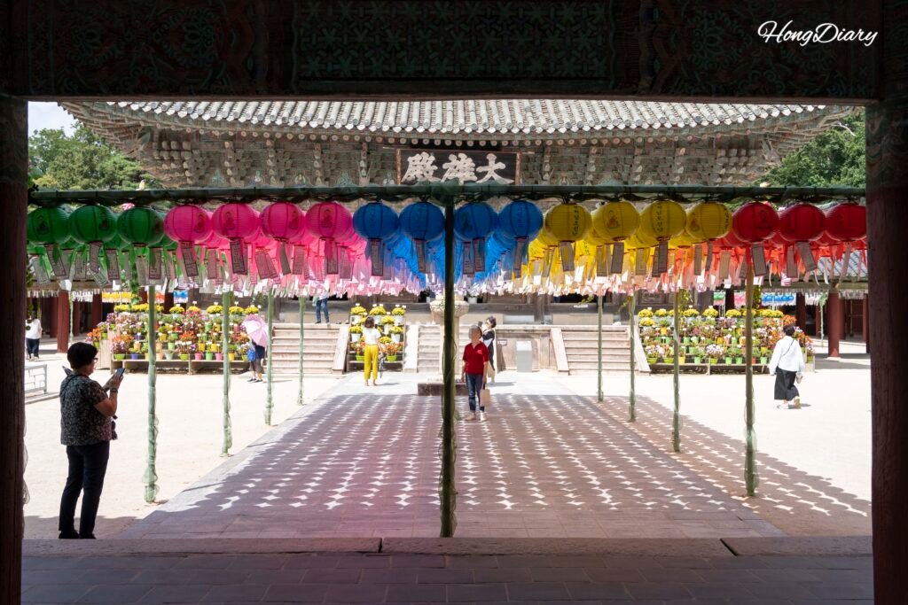 Daeungjeon Hall at Bulguksa Temple in Gyeongju decorated with colorful paper lanterns