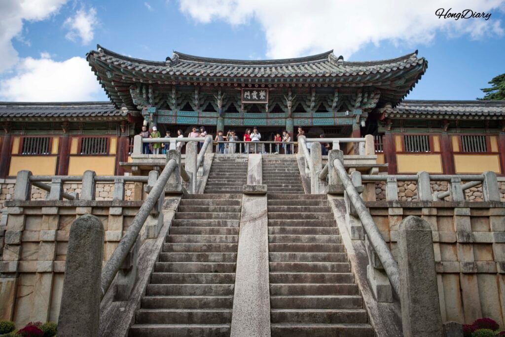 Jahamun Gate at Bulguksa Temple in Gyeongju with the Cheongungyo and Baegungyo stone stairways leading upward