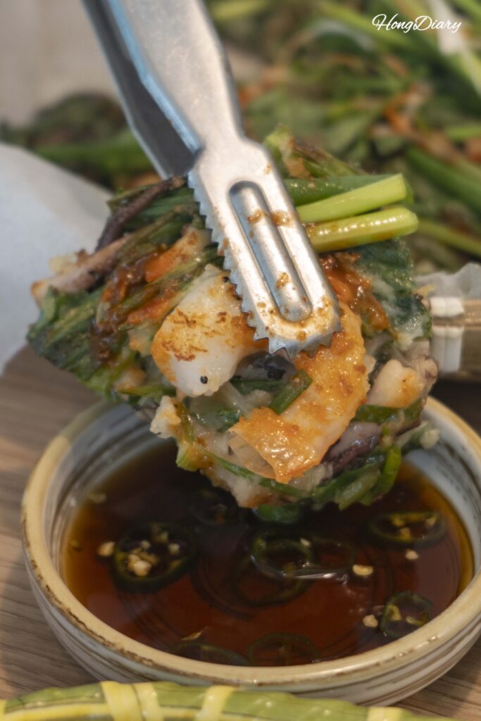 Whole shrimp and minari (water parsley) pancake at Cosmos Busan BIFC2