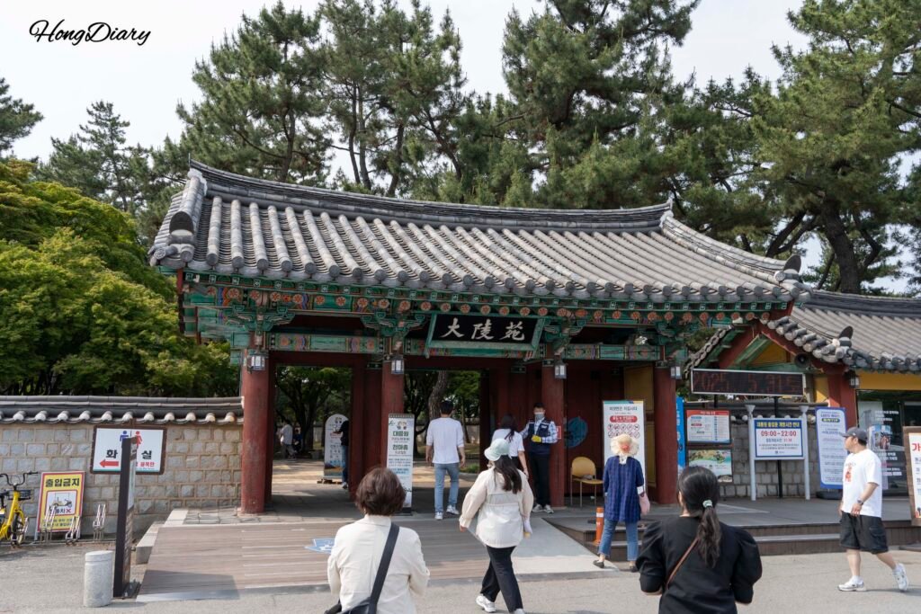 Entrance gate to Daereungwon Tomb Complex in Gyeongju with visitors walking in during the late afternoon