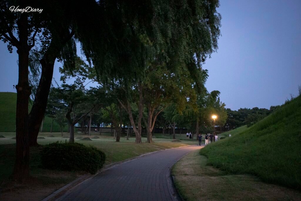 Sendero junto a Daereungwon en Gyeongju al atardecer con luces suaves en el fondo