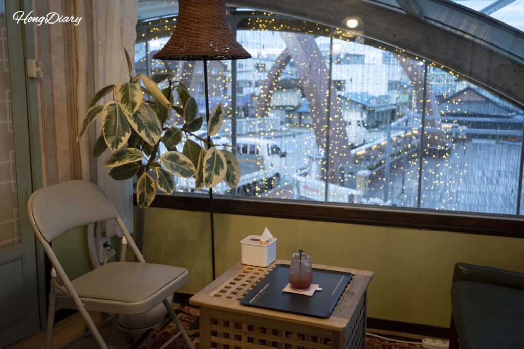 Cozy seating area inside Durumi Bookshop for reading and drinking