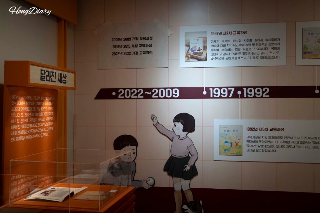 Recreación de un aula coreana antigua en la exposición temporal del Museo del Hangeul en Gimhae