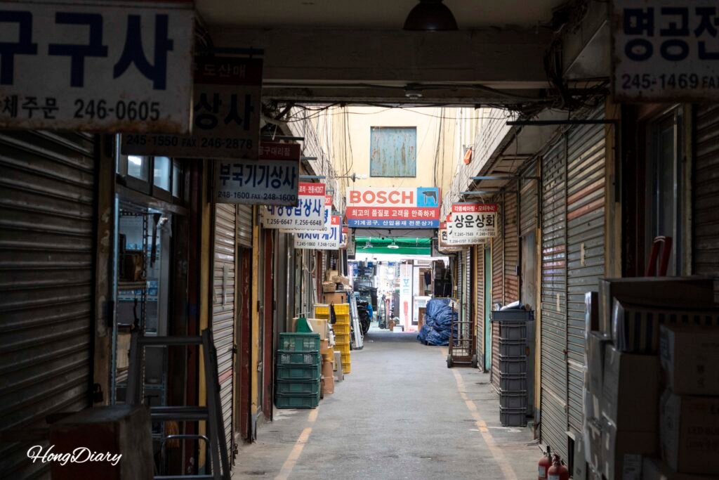 Hardware and tool shops in a side alley of Gukje Market, Busan