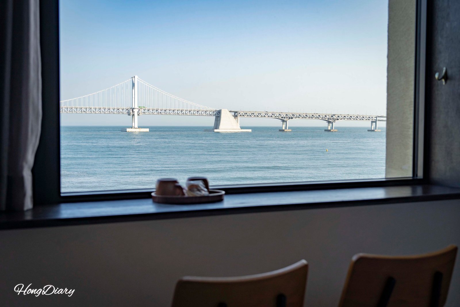 Gwangalli Beach and ocean view seen from inside the Gwangalli W Hotel room window