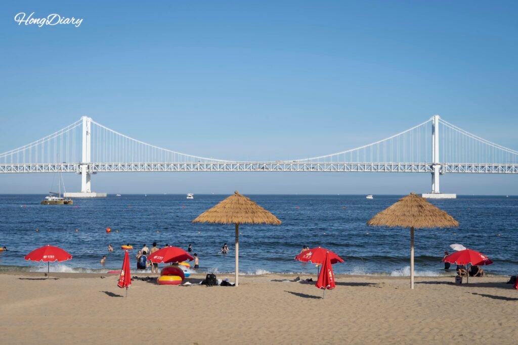 Gwanganli Beach on a summer day in 2026, with parasols and beachgoers along the shoreline in Busan