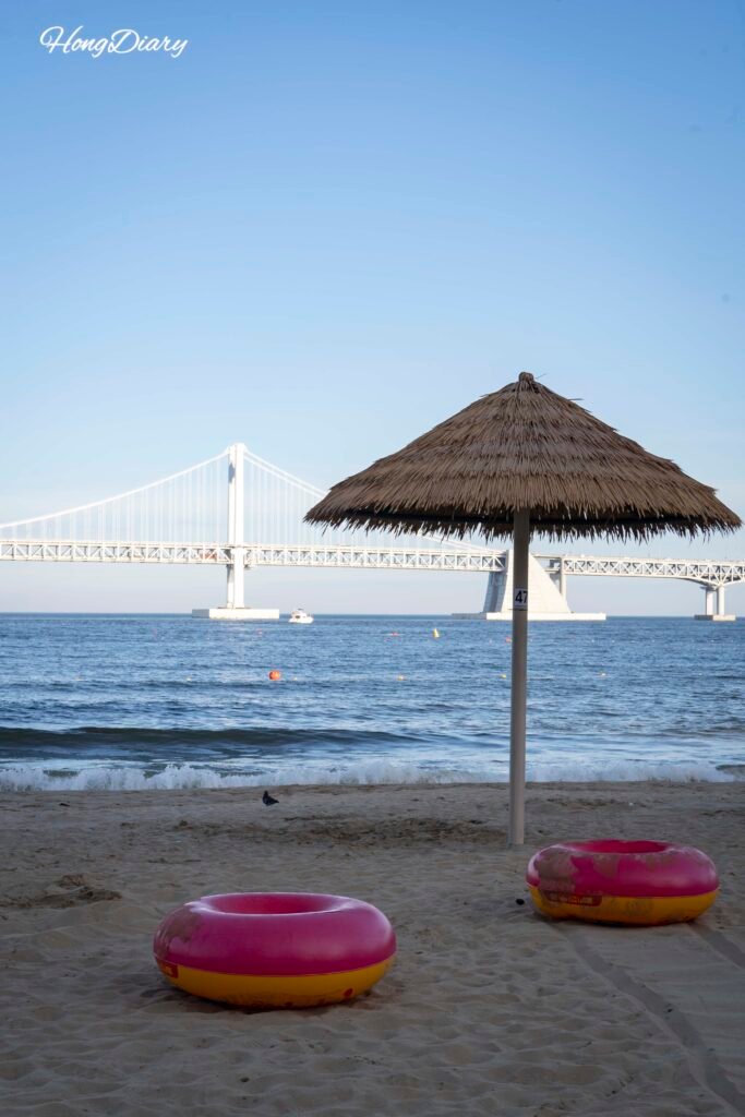 Straw parasols lined up for rental at Gwanganli Beach during summer 2026