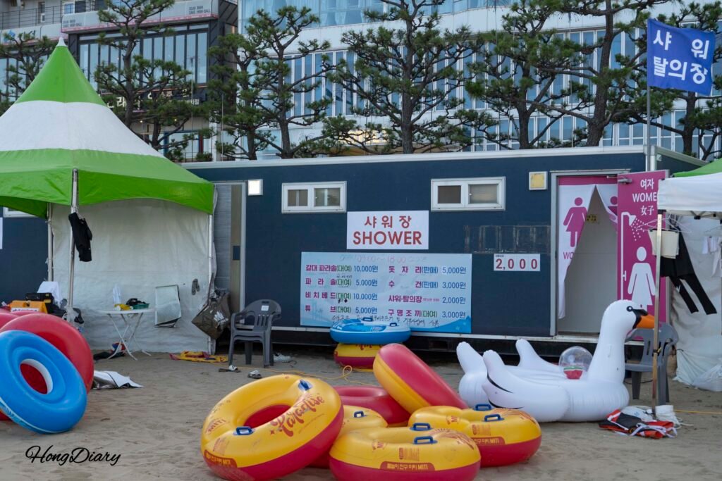 Tube and float rental station at Gwanganli Beach in Busan