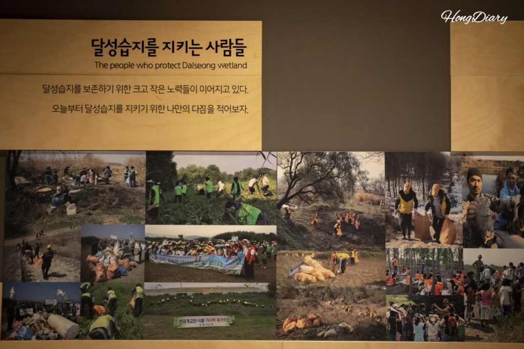 Panel informativo sobre las personas que protegen el Humedal Dalseong: biólogos, voluntarios y funcionarios