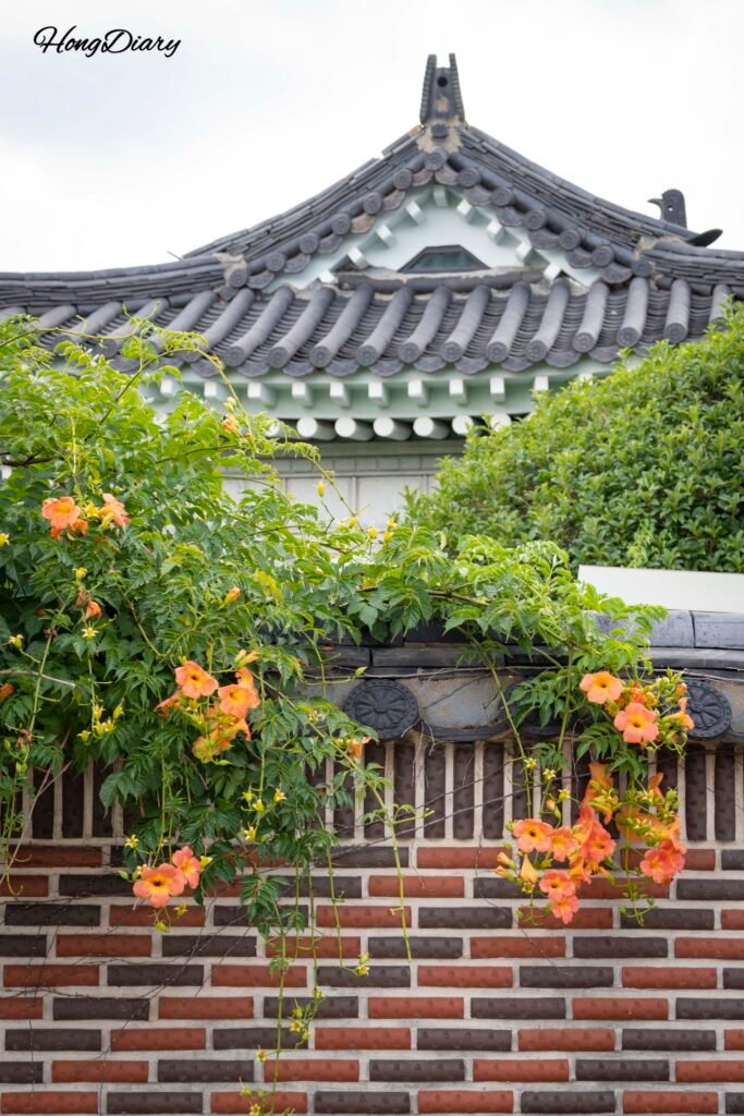 Detalle de un edificio hanok con flores en la entrada sobre la calle Hwangnidan-gil en Gyeongju