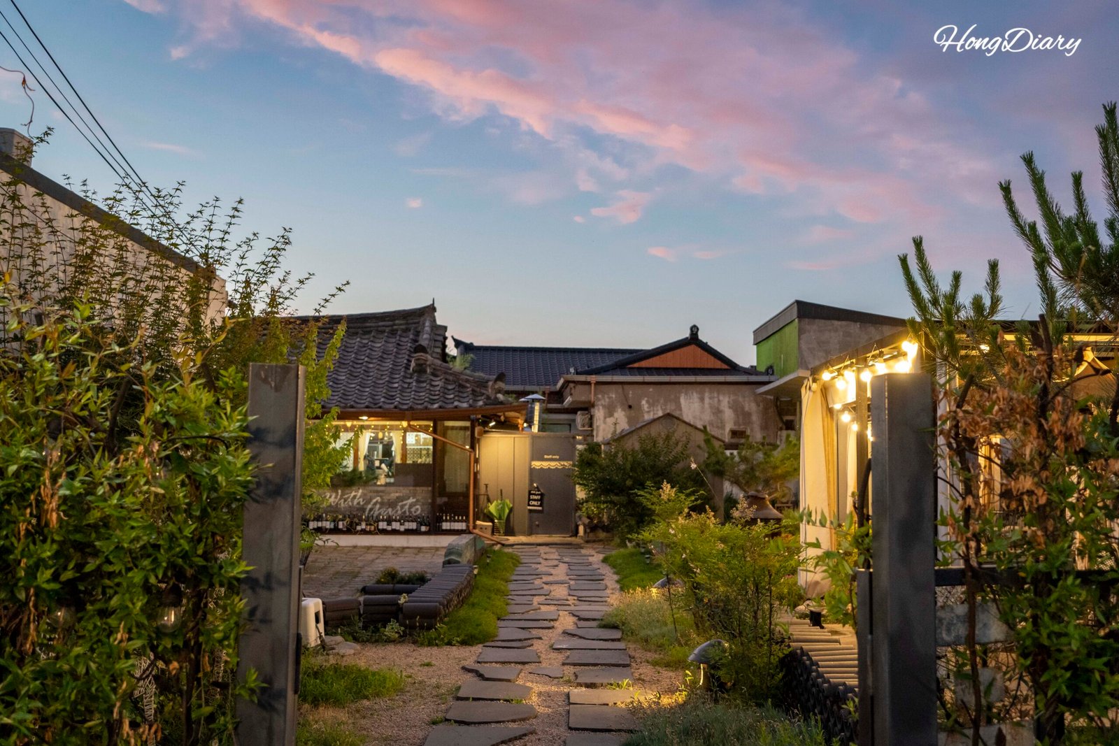 Sunset light falling on Hwangnidan-gil buildings in Gyeongju during golden hour