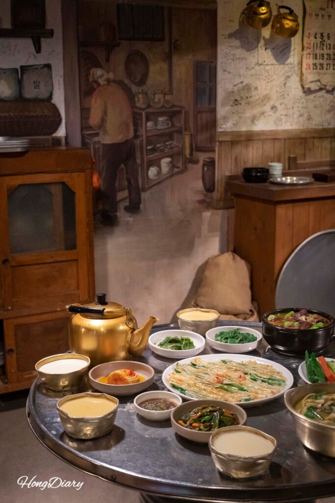 Exhibit of a traditional Korean dining table at the Hyangchon Cultural Center