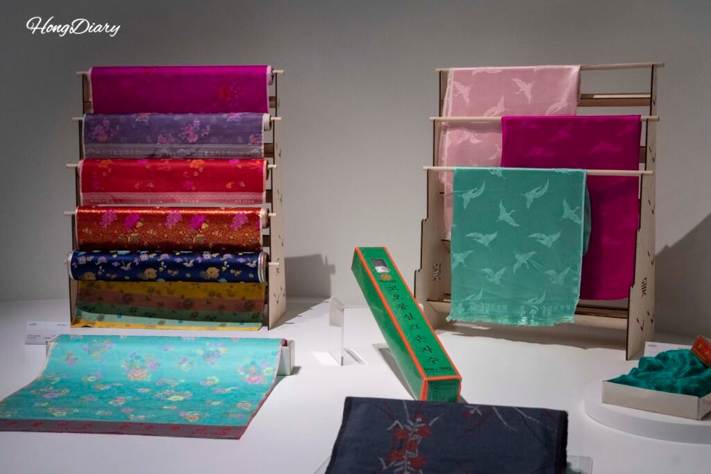 Historical silk fabrics and products exhibited at the Jinju Silk Museum in Jinju, Korea