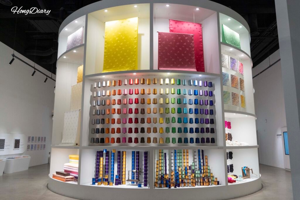 Large-scale silk exhibition display inside the Jinju Silk Museum in Jinju, South Korea