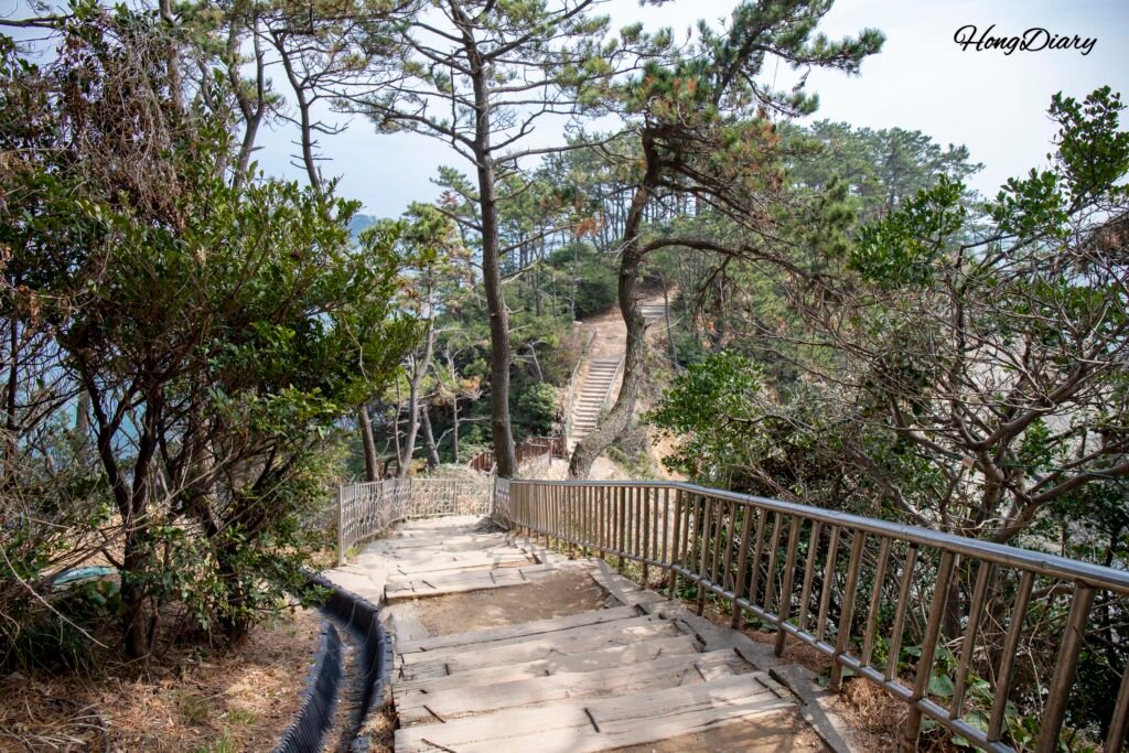 Escaleras de madera que bajan hacia las playas escondidas de Molundae, Busán