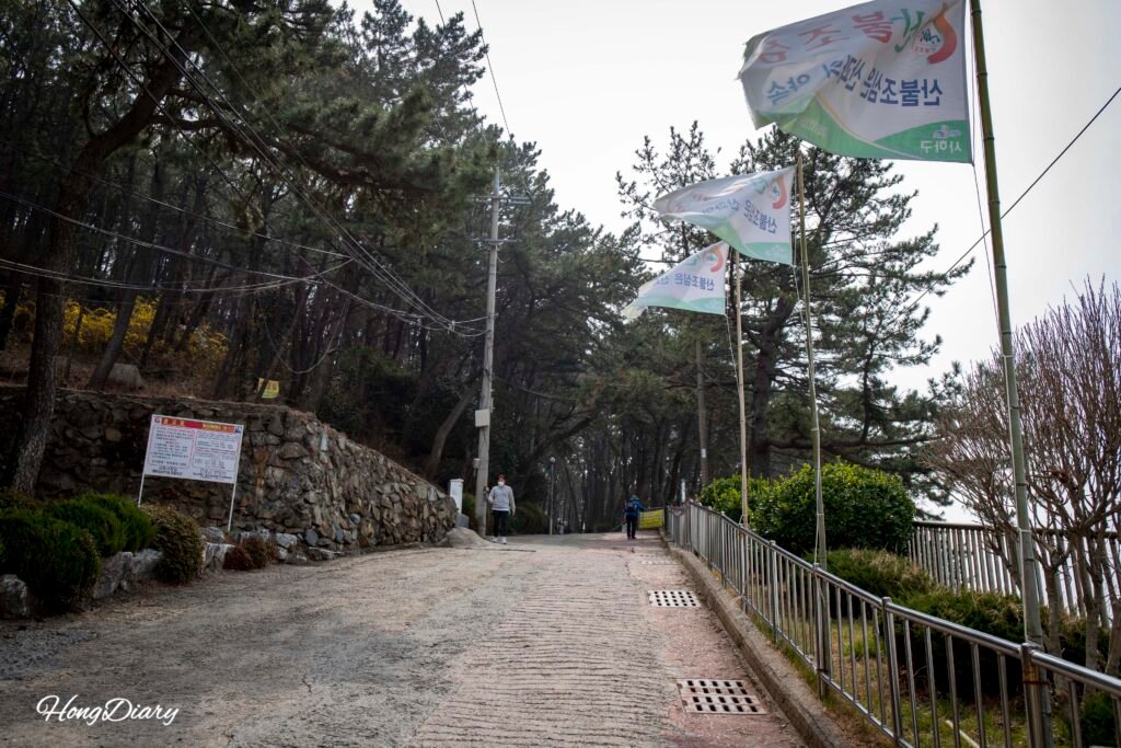 Uphill walking path at the start of Molundae Trail in Busan
