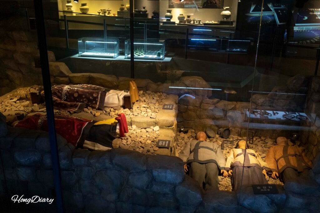 Reproducción de una excavación de tumba antigua en la sala de tumbas del Museo Municipal de Yangsan