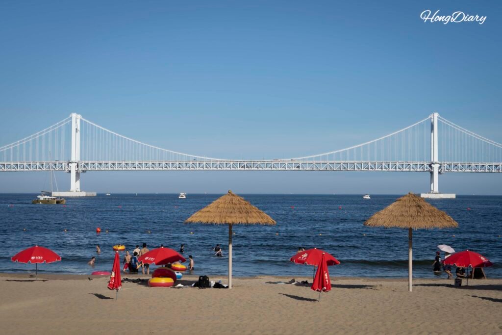 Playa de Gwanganli en un día de verano 2026, con sombrillas y bañistas en Busán