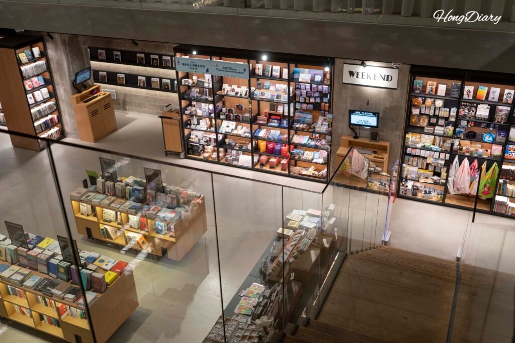 Looking down through the open atrium at Podium Dive Gwangalli, showing all three basement floors