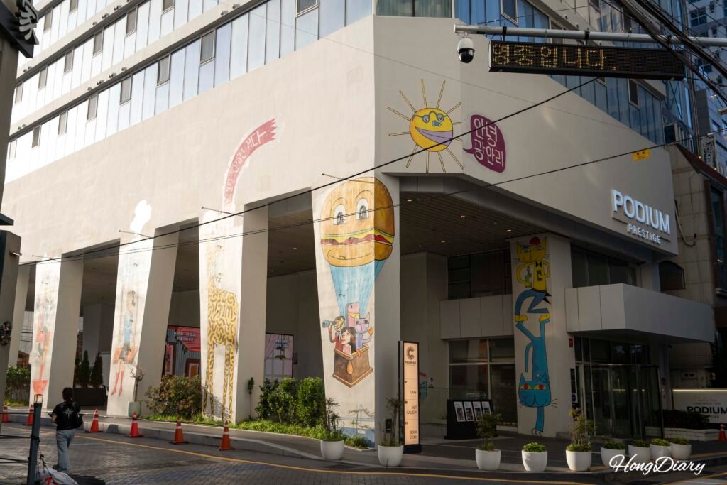 Exterior of Podium Dive, an underground cultural complex in the alleys behind Gwangalli Beach, Busan