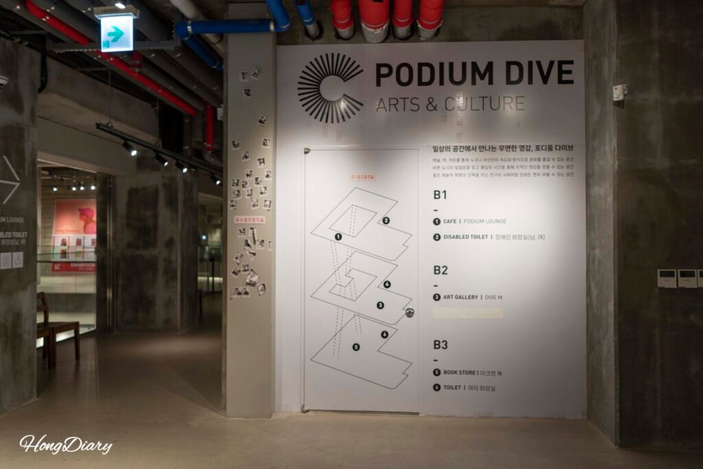 Interior floor guide map of Podium Dive Gwangalli showing B1 art shop, B2 gallery, and B3 bookstore